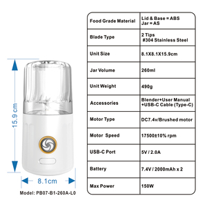 Procesador de Alimentos Portátil para Bebés de 260 ml, Licuadora para Smoothies, Picadora con 6 Cuchillas, a Prueba de Fugas, con Batería, Alimentación USB, Apto para Autocaravanas/Autos, Libre de BPA - Product Image 6