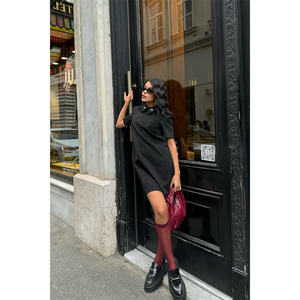 Robe courte formelle en daim noir ODM, motif à pois, détail œillet, col, taille XS, logo personnalisé, décoration ajourée, bon marché, simple - Product Image 3