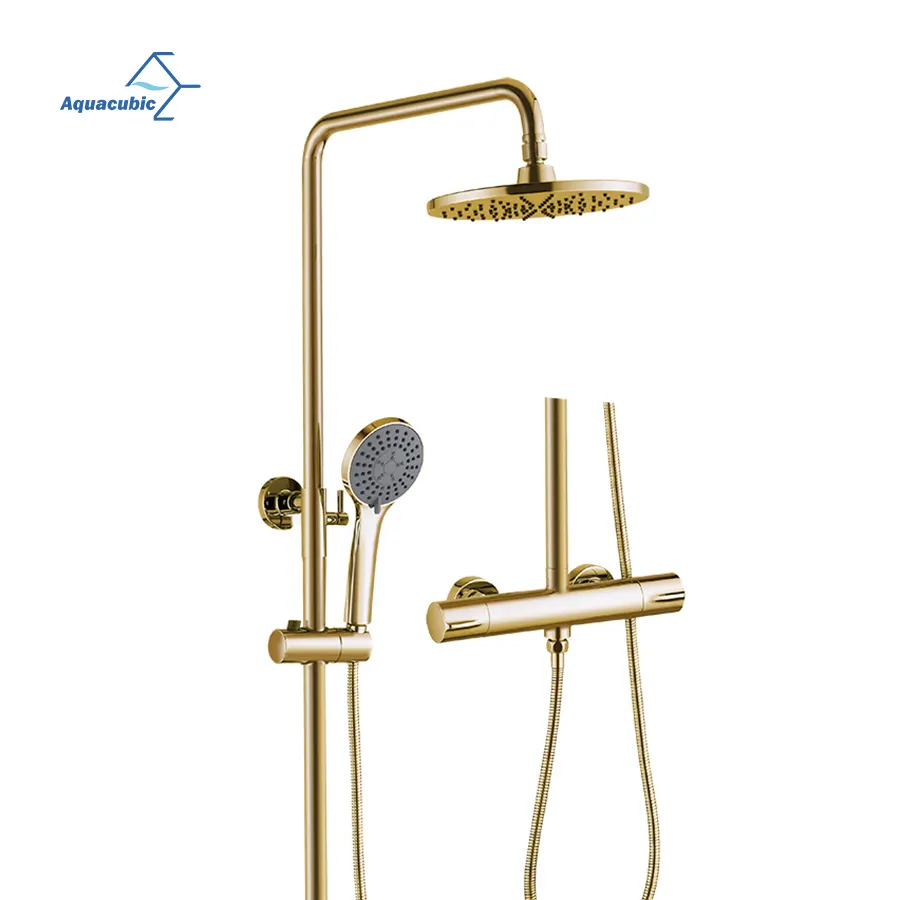 Termostatik 8 inç yuvarlak fırçalanmış altın duş başlığı maruz boru mikser duş musluk setleri