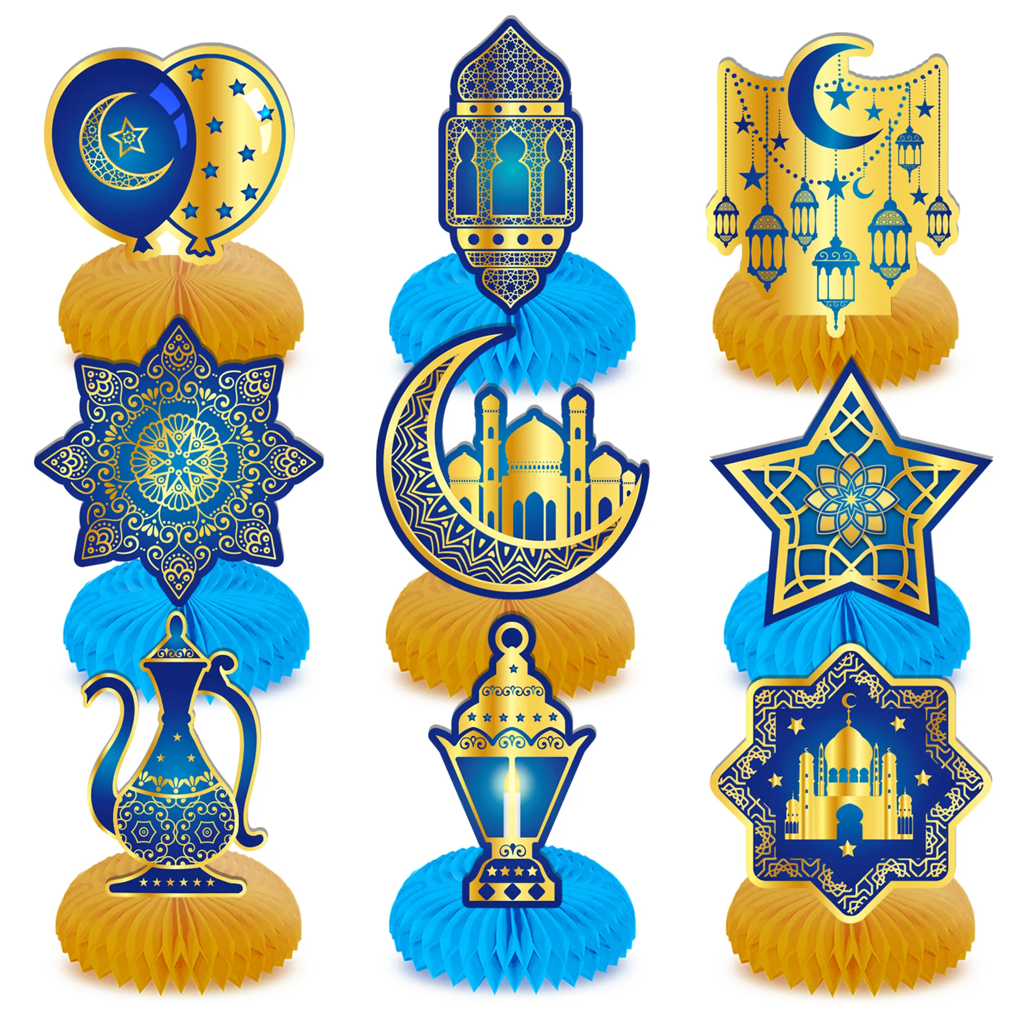 FW042 Ramadan Honeycomb Herzstück Eid Mubarak Dekorationen Gold Blue Star Moon Laterne für Party dekorationen