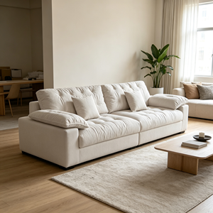 Canapé moderne en tissu capitonné en forme de L, trois places, avec accoudoirs rembourrés, pieds en bois, design minimaliste scandinave, meubles de salon - Product Image 3