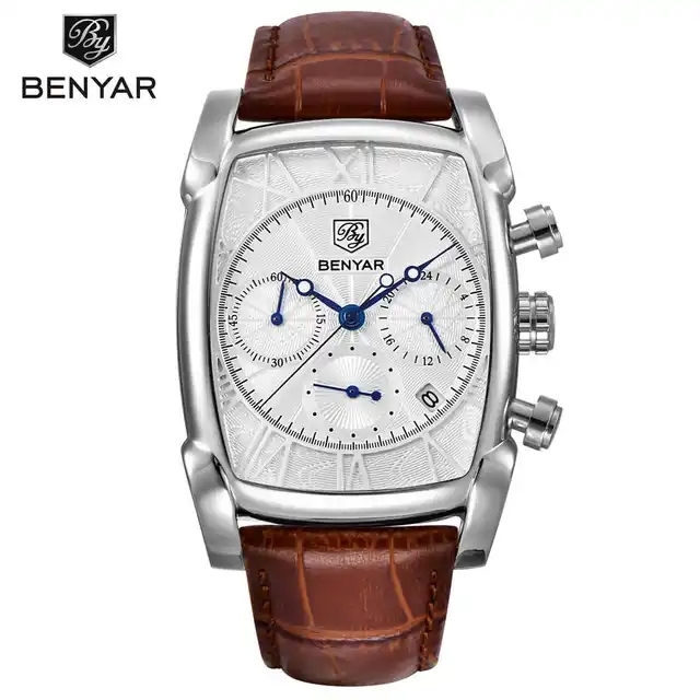 Benyar 5113 Brand Men Chronograph Square Shape Leather Watches Men's Top Fashion Relogio Masculino Quartz Wristwatch Male Clock