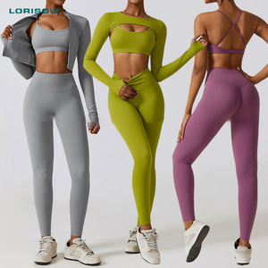 LORISO ملابس نشطة 4 قطع حمالة صدر رياضية توب سترة يوغا أطقم تمارين للنساء ملابس رياضية طقم لياقة بدنية صالة ألعاب رياضية - Product Image 1
