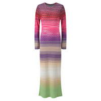 Robe longue en tricot pour femme, col rond, manches longues, ajourée, dégradé de couleurs, style simple et décontracté