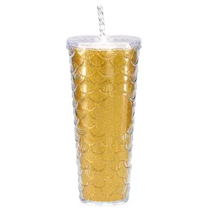 New Arrival large capacity high appearance level gradient Double Wall fish scale Plastic Tumbler cup