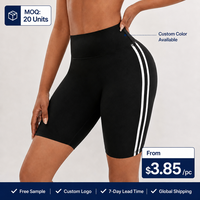Shorts de yoga taille haute personnalisés avec logo pour femme, contrôle du ventre, style cycliste, deux bandes blanches, pour fitness et cyclisme