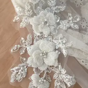 Haute Couture Rhinestone đính cườm 3D hoa ren vải đính tóc cô dâu hoa đám cưới Mũ sắt CAPE Mạng Che Mặt vá Motif