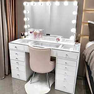 White and Black Modern <strong>Cheap</strong> Impression Maquillaje Makeup Vanity with Chair and LED Lighted <strong>Mirror</strong> for Bedroom and Hotel - Product Image 1