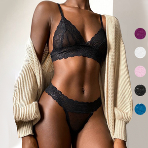 Biancheria da donna Sexy con scollo a V in <span class=keywords><strong>pizzo</strong></span> nero trasparente a pois <span class=keywords><strong>Bralette</strong></span> da donna Push up reggiseno T Back set di mutandine reggiseno - Product Image 1