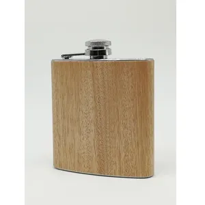 High Quality 6oz Stainless Steel Wooden Alcohol Hip Flasks Custom Gift Pack Wood Grain Leather Wrap Liquor Whiskey Hip Flask
