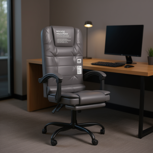 Chaise de bureau massante NEXXGE grise, coussin en cuir PU, dossier réglable manuellement, chaise de bureau pivotante - Product Image 2