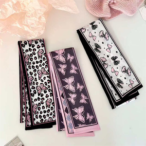Écharpe fine à pois géométriques léopard noire et <span class=keywords><strong>rose</strong></span> style coréen pas chère pour femme, écharpe longue à ruban imprimé double face - Product Image 3