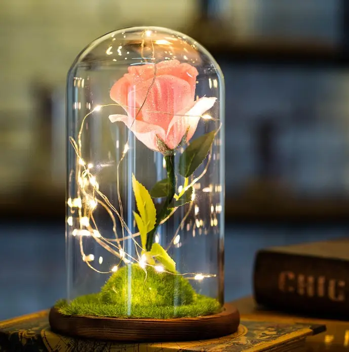 Simulated pollen gold powder single rose glass cover pine carbonized base LED lamp Mother's Day gift