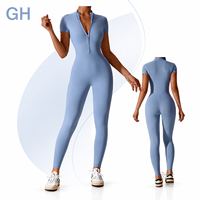 Combinaison de sport respirante à manches courtes avec fermeture éclair, logo personnalisé GH, extensible dans quatre directions, col en V, spandex/nylon, pour la salle de sport et les activités de plein air