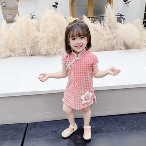 Vestido Cheongsam de Verano con Mangas Cortas y Estampado a Cuadros Estilo Han Chino para Niñas - Product Image 3