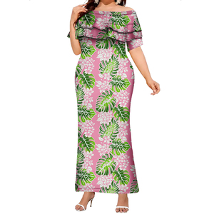 Abito Lungo Aderente con Design Tribale Polinesiano Hawaiano, Elegante Vestito da Donna con Volant e Spalle Scoperte, Taglie Forti, Abbigliamento delle Isole del Pacifico - Product Image 3