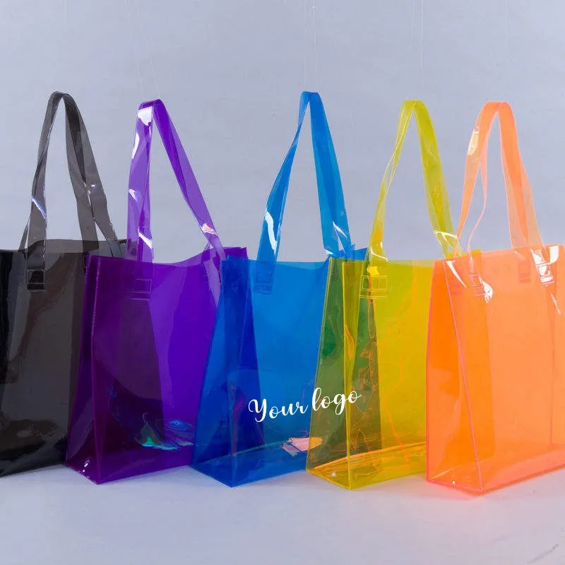 Custom Logo Plastic Clear Transparent Jelly Neon Candy Color PVC Party Beach Gift Shopping Tote Bag