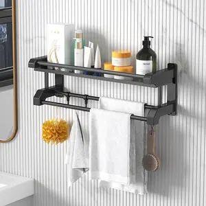 Ganchos de barra de baño de alta calidad, estante de ducha negro, toallero de almacenamiento para baño, 60CM