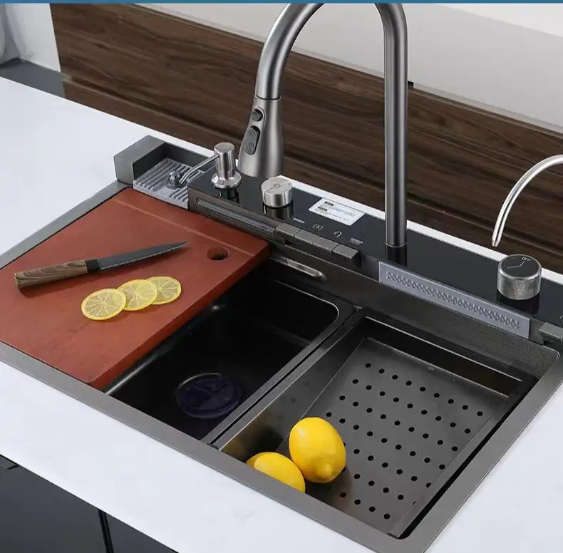 Yeni tasarım el yapımı şelale mutfak lavabo paslanmaz çelik lavabolar fonksiyonlu mutfak çok fonksiyonlu lavabo