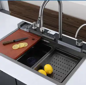 Thiết kế mới handmade Thác Bồn Rửa Nhà Bếp bồn rửa bằng thép không gỉ chức năng nhà bếp đa chức năng bồn rửa