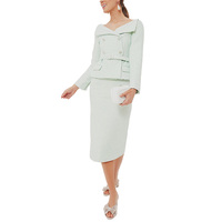 Haute qualité 2 pièces Tweed menthe Boucle sur mesure robe mi-longue ceinture col en V Double bouton femmes Tweed Blazer jupe ensemble