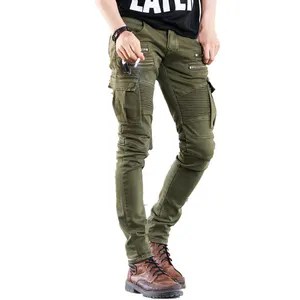 2024时尚风格定制流行嘻哈个性化拉链绿色牛仔设计师男士牛仔裤