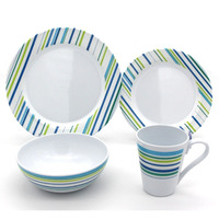 Service de Table en Mélamine Économique Rayé Dubaï 24 ou 16 Pièces avec Assiettes, Bols et Tasses