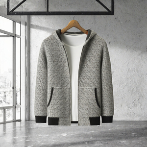 Pull à capuche zippé pour homme en laine acrylique tricoté épais à rayures, manches longues, pour l'automne - Product Image 2