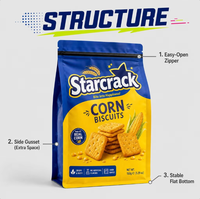 Pochette à fond plat personnalisée imprimée numériquement pour l'emballage de snacks (corn-flakes, biscuits) avec fermeture éclair refermable et soufflet latéral