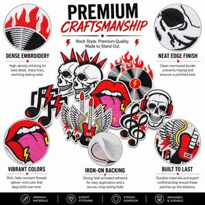 Parche bordado termoadhesivo y para coser al por mayor, con diseños de Punk Rock, Calavera, <span class=keywords><strong>Guitarra</strong></span>, Disco, Rayo, Labios, Señal de <span class=keywords><strong>mano</strong></span>, Música Gótica - Product Image 3