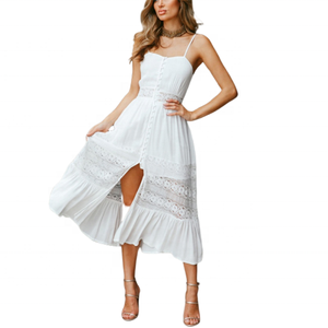 2025 Summer Bohemian Buttons Front <strong>White</strong> <strong>Lace</strong> <strong>Maxi</strong> <strong>Dress</strong> for Women - Product Image 1