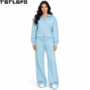 Conjunto de Sudadera con Cremallera OEM/ODM para Mujer, Azul Bebé Iridiscente con Pedrería, Chándal Oversize de Invierno al por Mayor - Product Image 1