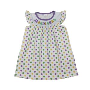 Robe d'été pour bébé fille GSD3122 rts, violette, verte, jaune, à pois, broderie mardi gras, manches volantes, vente en gros, robe de mardi gras - Product Image 1