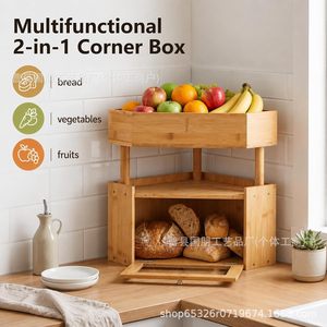 Caja de pan de bambú de 2 niveles, estante de almacenamiento esquinero con cajón para organizar alimentos en la cocina, color madera natural - Product Image 2
