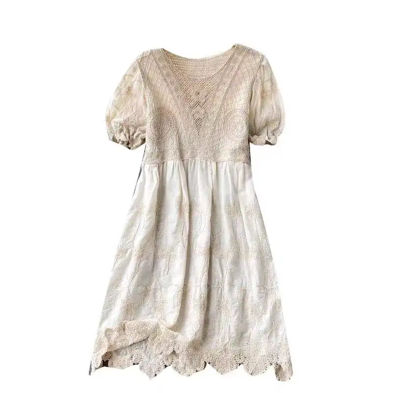 Crochet Lace Crochet Dress o-neck crochet pure color fancy quality high quality short sleeve Women Dress