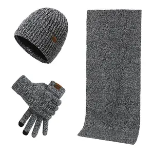 3件冬季柔软厚懒散豆豆帽保暖颈巾和保暖手套套装，羊毛衬里
