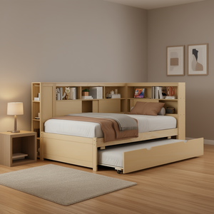 Twin Size <b>Wood</b> Daybed with Storage Shelves and Trundle <b>Bed</b> Pine Minimalist Design - Product Image 2