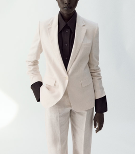 Elegante Blazer Beige Claro de Un Solo Botón para Mujer, Chaqueta Casual de Oficina de Corte Holgado, Abrigo Transpirable de Mezcla de Lino con Solapa - Product Image 2