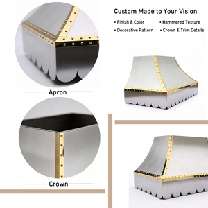 <span class=keywords><strong>Hotte</strong></span> de cuisine architecturale sur mesure, artisanale, en acier inoxydable brossé de calibre 16, avec finition PVD titane et détails rivetés, à fixation murale - Product Image 6