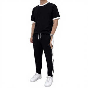 Men's Black T-Shirt and Terry <b>Jogger</b> Set Crew Neck Short Sleeve Casual Summer Outfit <b>White</b> Trim Drawstring Waist Eco-Friendly - Product Image 1