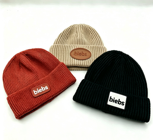 Bonnets en <span class=keywords><strong>laine</strong></span> tricotée avec logo personnalisé, patch en cuir tissé, bonnets pour bébés, hommes, hiver - Product Image 1