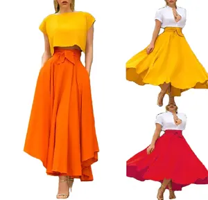 Dames Effen Kleur Hoge Taille A Line Rok Mode Slanke Taille Strik Riem Wijd Uitlopende Geplooide Lange Rode Oranje Zigeuner Maxi Rok