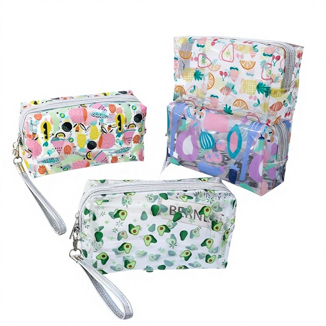 PVC Open Fashion Fruit Pattern Waterproof Transparent Portable Cosmetic Bag Zipper Clear Make up Bag with Handle