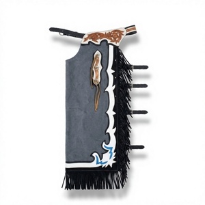 Pantalones de montar vaqueros sin mangas de cintura alta bordados a mano personalizados con borlas decorativas para hombre, de cuero con patrón floral de longitud completa - Product Image 1