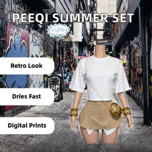 Women Summer Vintage Cotton Tee and Denim Shorts Set Embossed Print Quick Dry Casual Streetwear <b>2</b> <b>Piece</b> Outfit - Product Image 2