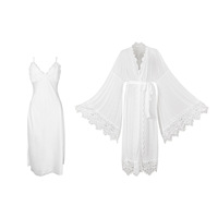 Ensemble de Loungewear Deux Pièces Sexy en Dentelle Respirante pour l'Été, Manches Longues, avec Coussinets de Poitrine Amovibles en Satin, Camisole Luxueuse à Col en V pour la Maison