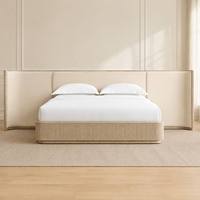 Lit plateforme moderne en chêne américain avec tête de lit capitonnée ultra-large, panneau mural, ensemble de lit king-size en bois de luxe pour chambre à coucher, hôtel, appartement