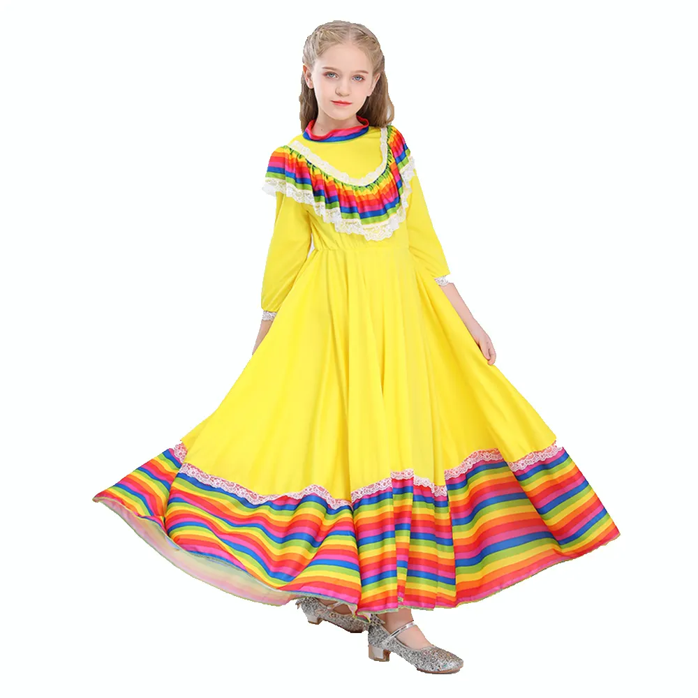 Traje de dança mexicana para meninas, vestido infantil feito de fábrica, estilo nacional, Halloween, vestido de menina