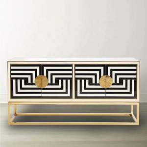Buffet Moderne Jonathan Adler à Rayures Noires et Blanches avec Portes Vitrées, Meuble de Rangement Op Art pour Salon - Product Image 3