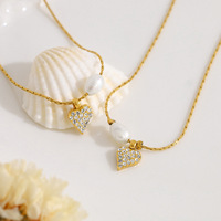 Parure de bijoux délicate en acier inoxydable avec cœur, zircon et perles, collier ras-du-cou, accessoires pour femme